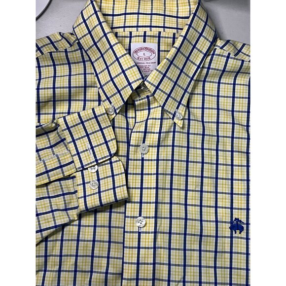 Brooks Brothers Men's Yellow & Blue Checkered Button-Down Shirt Large All Cotton - Picture 1 of 8